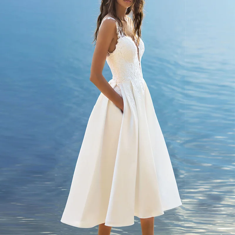 

Women Summer Long Dress Party Beach Wedding Bridesmaid lace floral strap pockets decor midi length elegant White dress vestidos