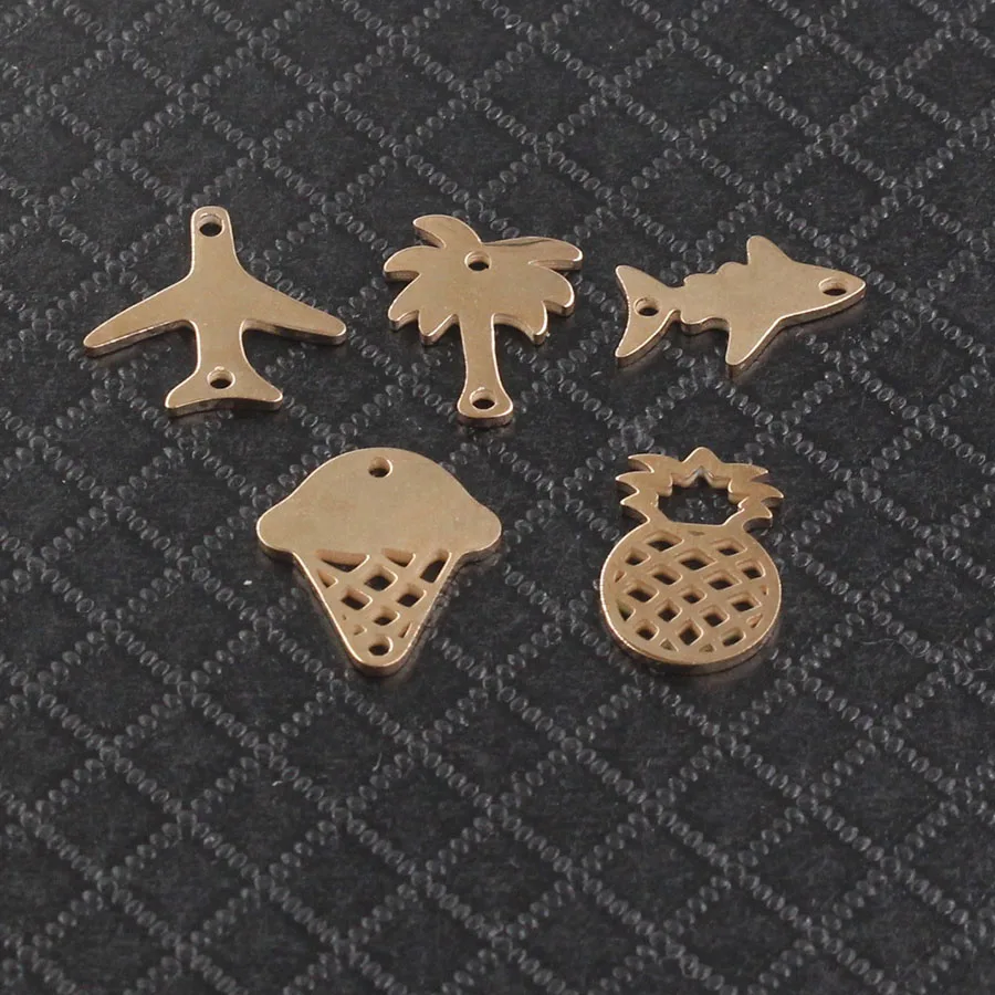 

Fnixtar Full Mirror Polish Rose Gold Color Stainless Steel Fish Airplane Pineapple Icecream Tree Charm DIY Jewelry 20Piece/lot