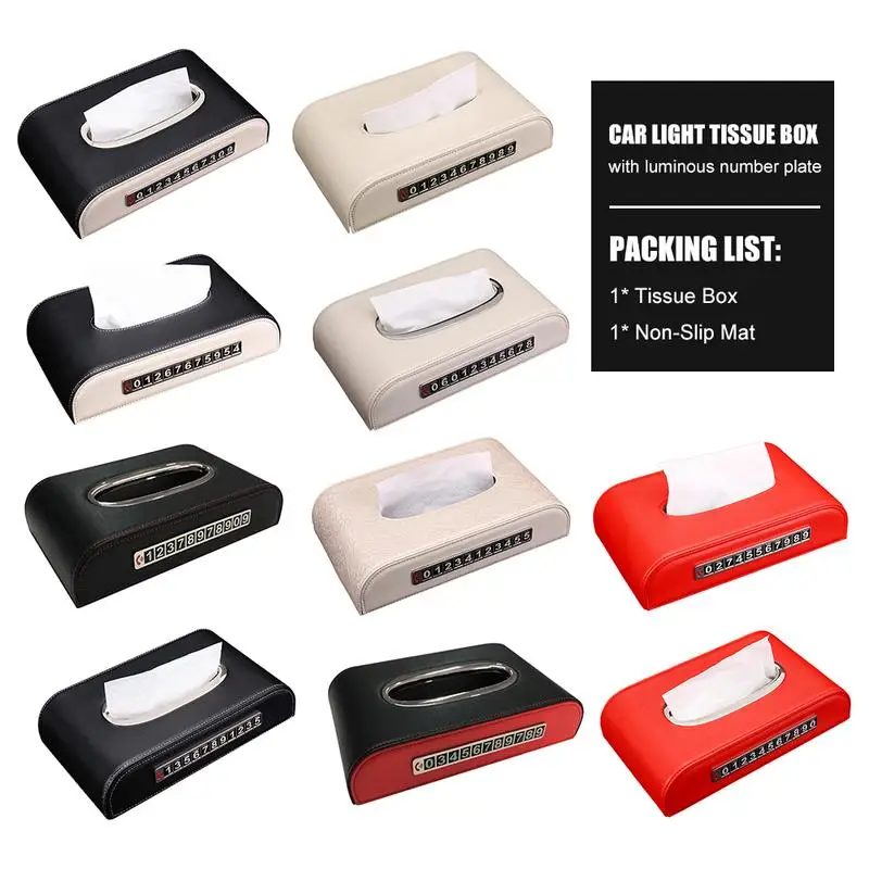 

Car Tissue Box Stop Sign Leather Luminous Tissue Box Phone Numbers Auto Center Console Tray With Anti-Slip Mat Accessories