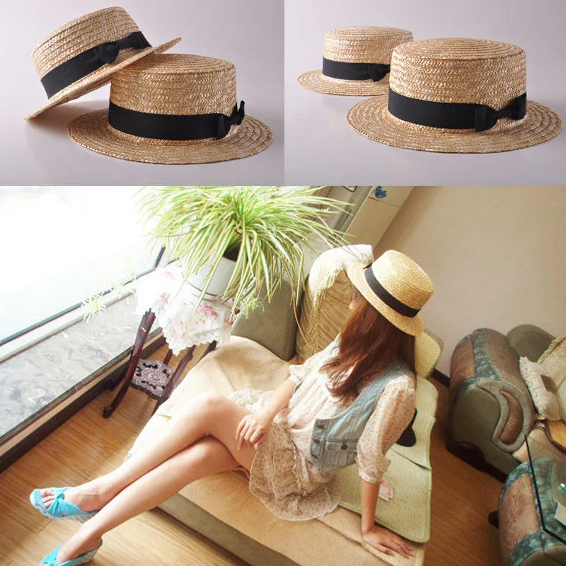

Fashion Women Girls Boho Straw Sun Hat Bow Flat top Wide Brim Beach Cap