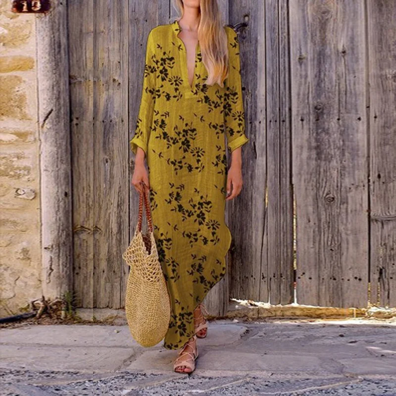 

New Womens Maxi Dress Long Sleeve Floral Print Boho V-Neck Party Sundress Casual