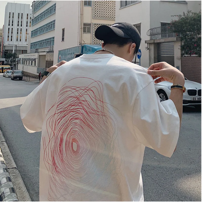 

Men's T-shirt 19 Summer New Hong Kong Style Loose Round Neck Pullover Contrast Color Printing Personality Casual Men's Clothing