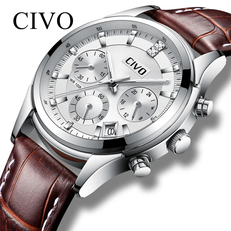 

CIVO 2019 Luxury Top Brand Fashion Mens Watch Waterproof Calendar Quartz Watches Genuine Leather Wristwatch For Men Clock