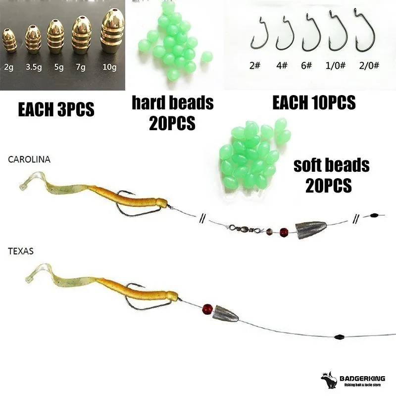 Carolina rig fishing hook tackle box set with texas offset fishhooks copper bullet sinker weight luminous beads for fishing Carolina rig fishing hook tackle box set with texas offset fishhooks copper bullet sinker weight luminous beads for fishing