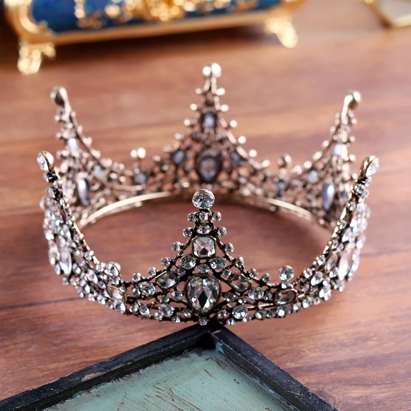 

Round Large Queen Tiara Crown Rhinestone Baroque Vintage Headdress Hair Jewelry Costume Women Headwear Wedding Bridal Headpiece