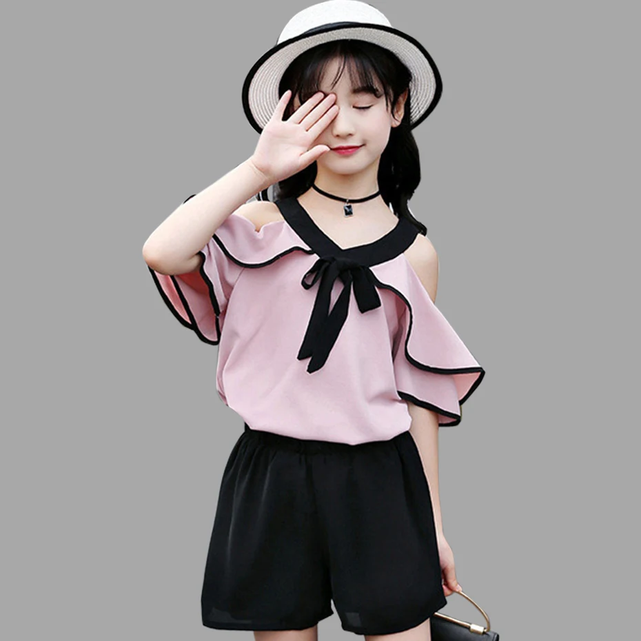 Summer Children's Clothing Chiffon Off Shoulder Girls Top + Pants Fashion Girl Set Teenage Clothes 4 6 8 12 Years | Мать и ребенок