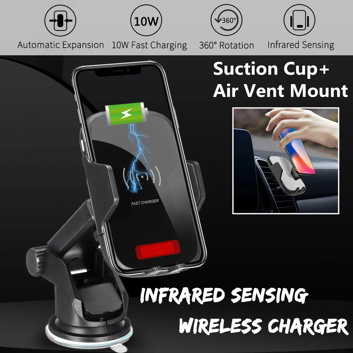 

10W Qi Wireless Charger Infrared Induction Automatical Lock Air Vent Dashboard Windshield Car Phone Holder For 4.7-6.5Inch Phone