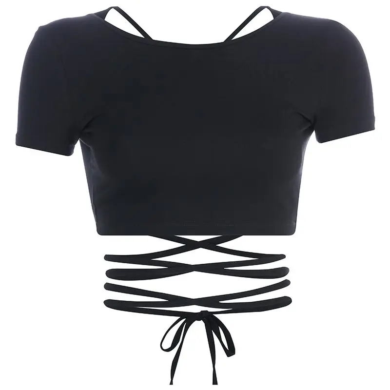 

Summer Gothic Sexy Club Harajuku Women Top Tees Slim Streetwear Hollow Lace Up Sold Black Beach Ladies Backless Goth T-Shirts