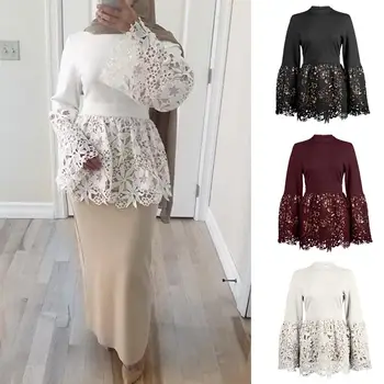 

2019 Women Flower Lace Tops Patchwork Muslim Islamic Arab Tunic Bell Sleeve Stand Collar Fashion Dubai Spring Autumn Long Sleeve