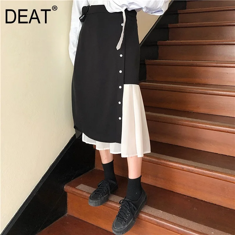 

[DEAT] 2019 New Autumn Winter High Elastic Waist Black Button Hit Color Chiffon Split Joint Half-body Skirt Women Fashion JS145