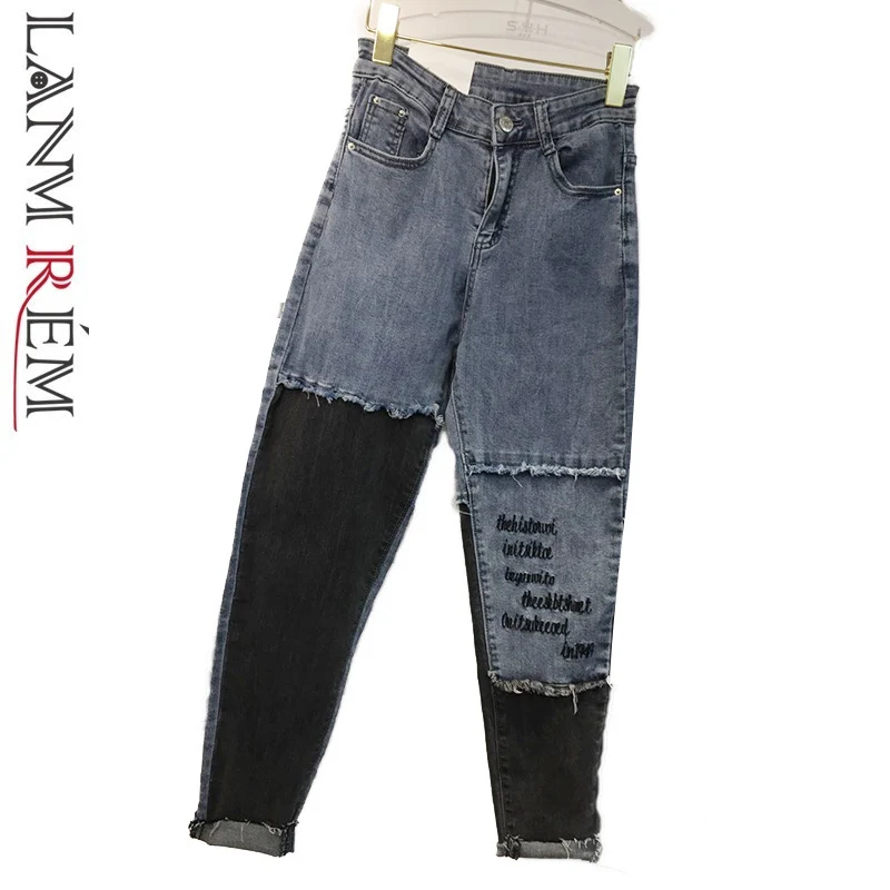 

LANMREM Fashion Split Joint Contrast Color Haren Jeans For Woman 2019 Spring Summer Embroidery Letter Trousers New Pants YG71502