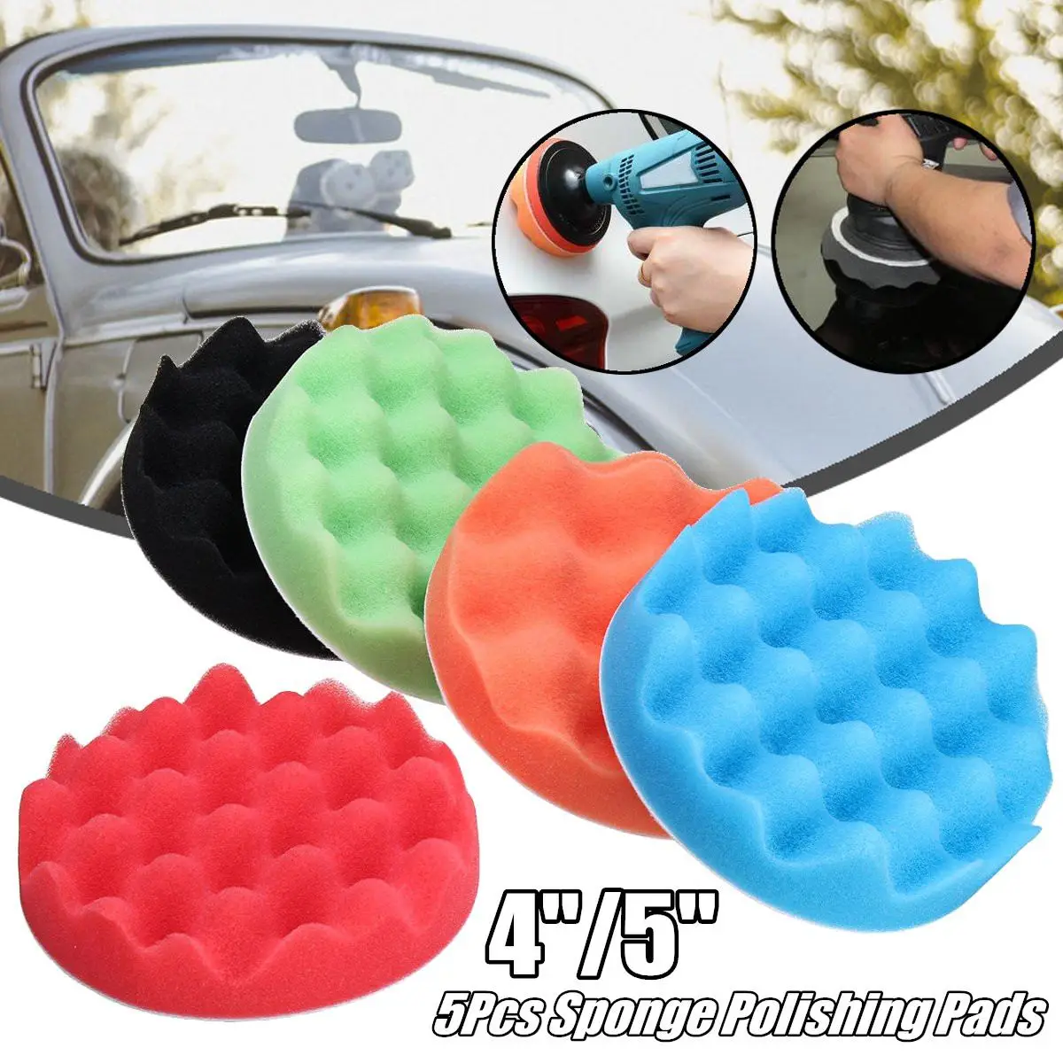 

New 5Pcs 4"/5" Sponge Polishing Waxing Buffing Pads Kit Set Compound For Auto Car Furniture