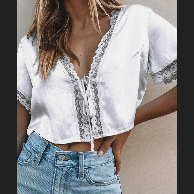 New Fashion Women's Sexy Short Sleeve Lace Silk Satin Shirt Crop Tops Blouse | Женская одежда