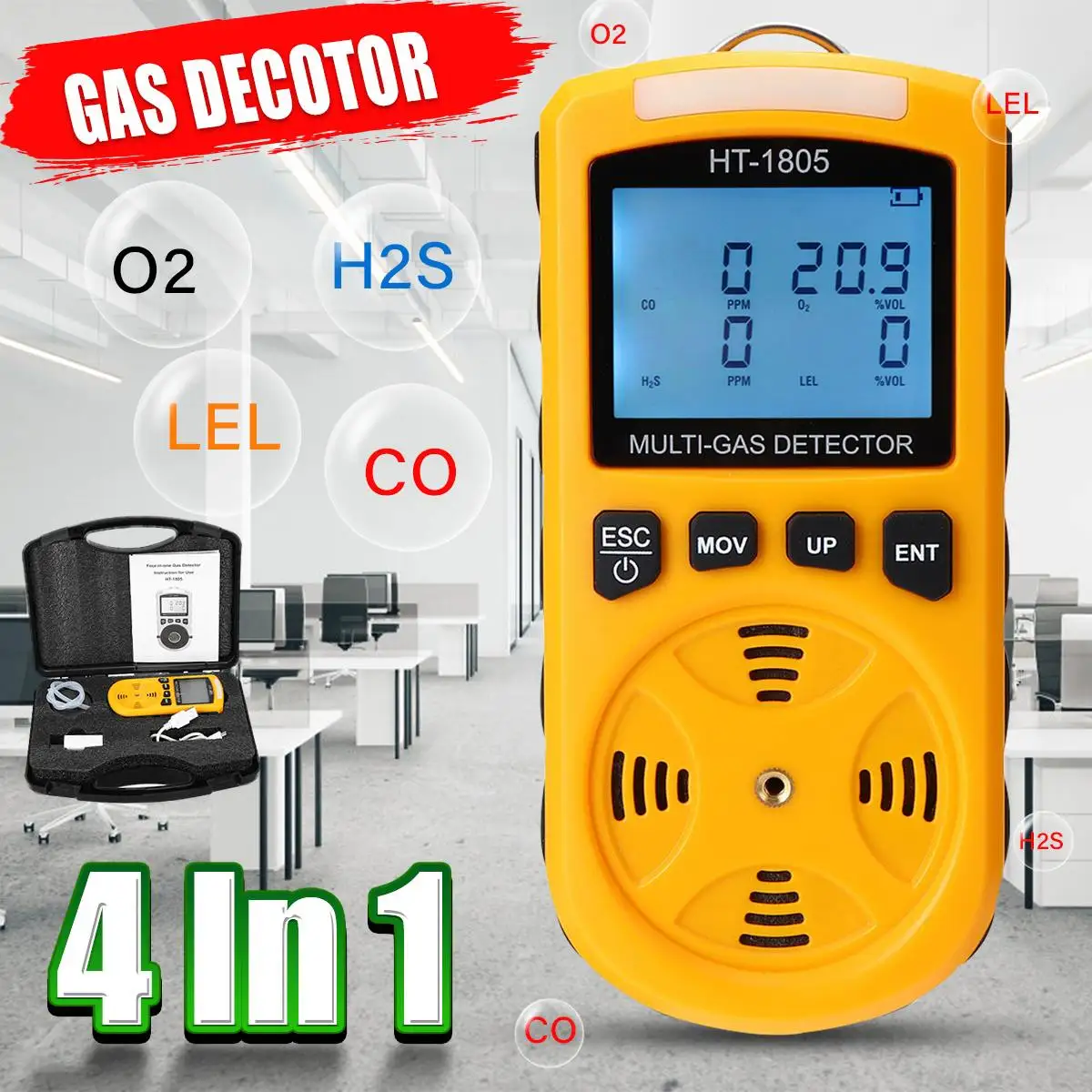 

4 In 1 oxygen Carbon Monoxide Alar Harmful Gas Detector O2 CO H2S LEL Monitor LCD Digital Analyzer Tester Warning High Sensitive