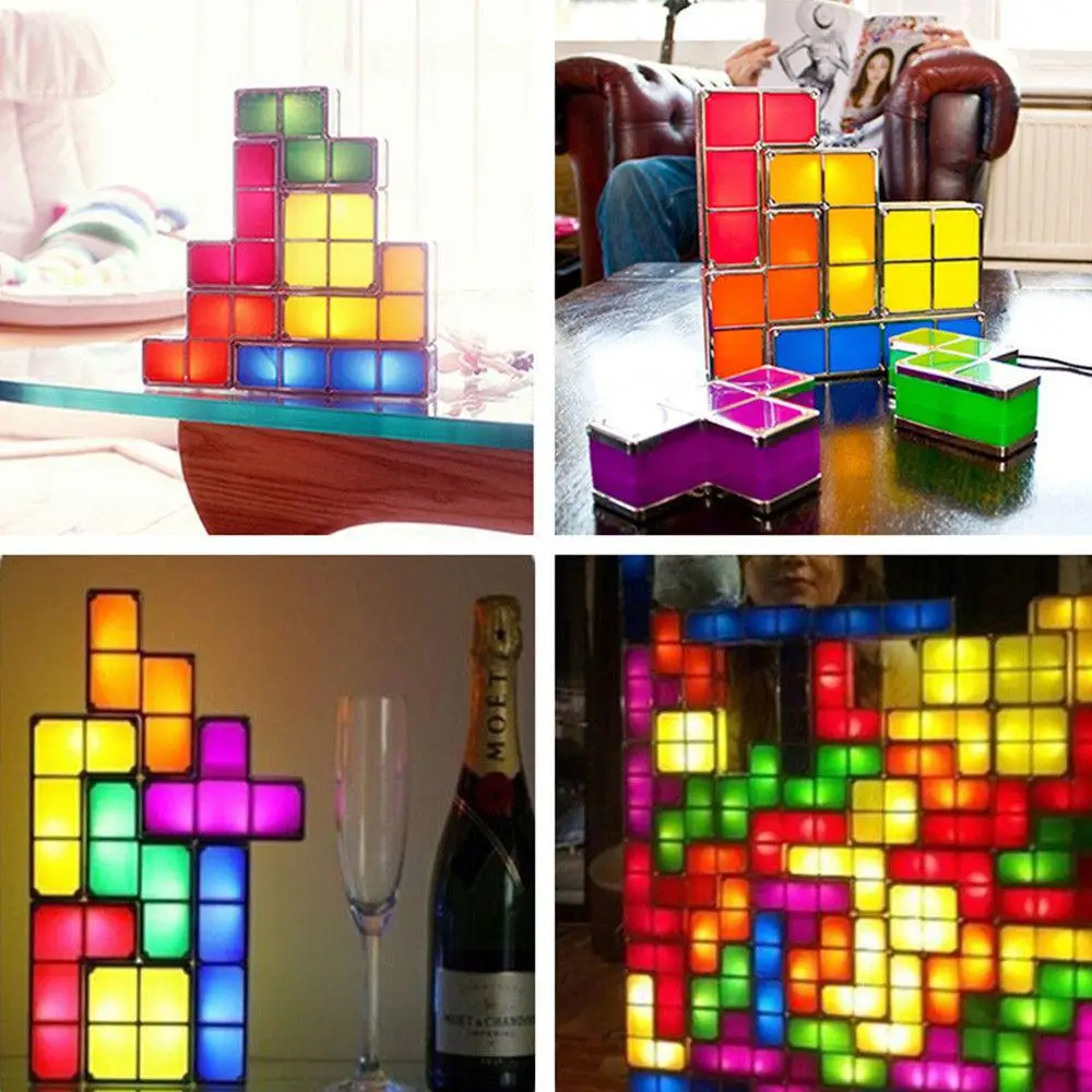 DIY Tetris светильник-головоломка, Штабелируемый светодиодный настольный светильник, конструктор, блок, Ночной светильник, 3D Ретро игра, башня, лампа, Детская красочная кирпичная игрушка