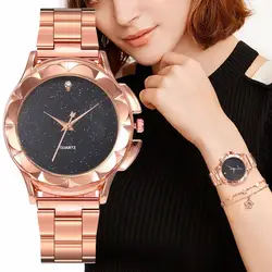 Для женщин со стразами наручные часы Роскошные розовое золото разноцветный из нержавеющей стали Циферблат Кварцевые часы Relogio Feminino для