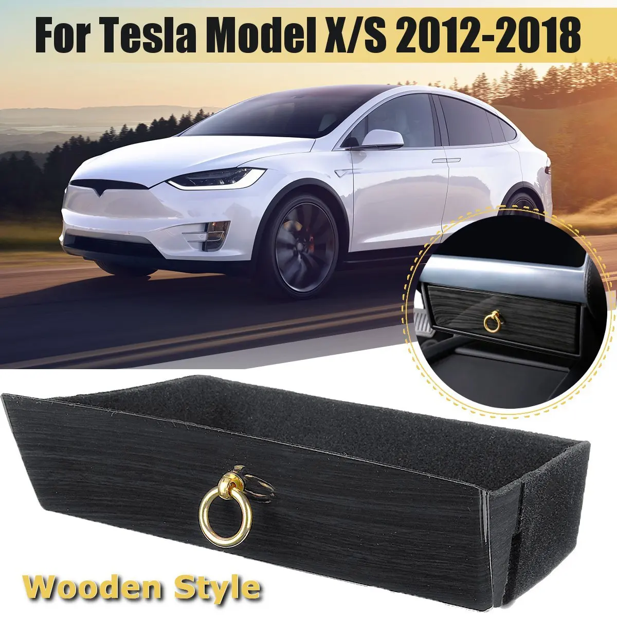 

Center Console Storage Box Drawer Tray With metal ring For Tesla Model X Model S 2012 2013 2014 2015 2016 2017 2018 Wooden Style
