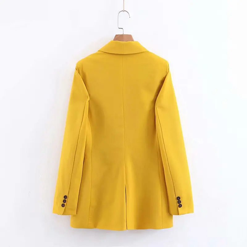 2019  Streetwear Double Breasted Long Blazers Women Office Lady Yellow Suit Jacket Leisure Blazer Loose Coat