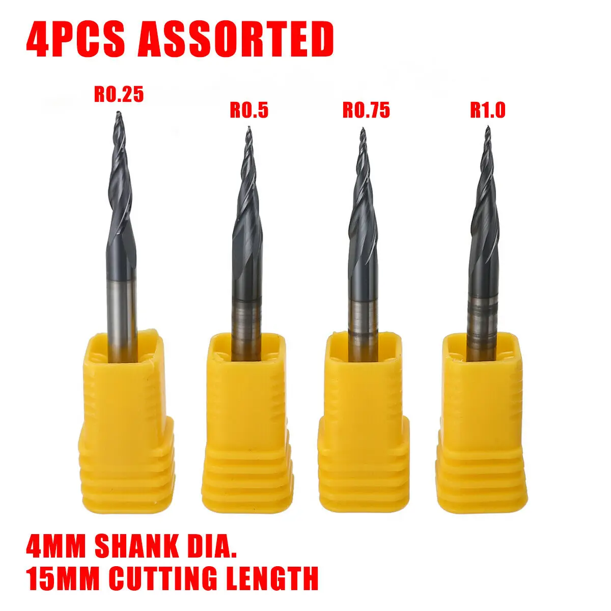 

4pcs Set R0.25/0.5/0.75/1.0mm Tungsten Steel Carbide Tapered Ball Nose End Mills End Mill Milling Cutter