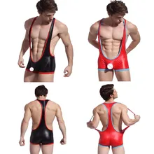 Пикантный мужской купальник из искусственной кожи, цельный комбинезон, Корректирующее мужское борцовское трико, корректирующее боди