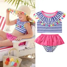 Лидер продаж Дети маленьких обувь для девочек кисточкой набор бикини Полосатый Купальники малышек купальник с оборками Высокая талия ванный комплект пачка