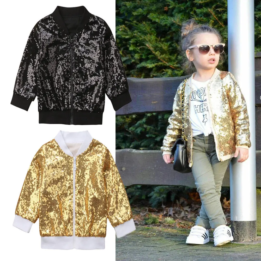 Brand Fashion Toddler Kids Baby Girl Sequin Shining Zipper Tops Outwear
