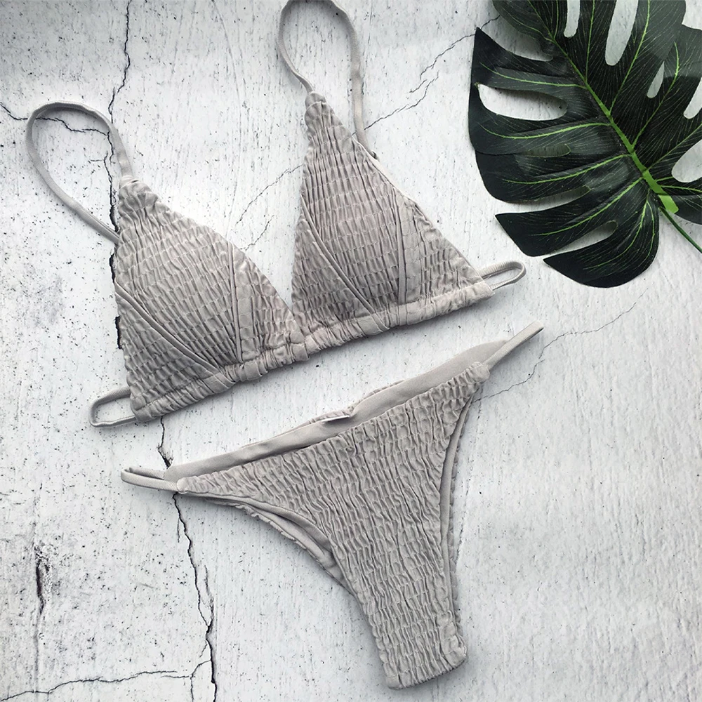 

VIM Outdoor Bikini Sexy Solid Swimsuit Low Waist Bathing Suit Push Up Bandage Ruched Halter Swimwear Beach 2019 Summer Vintage