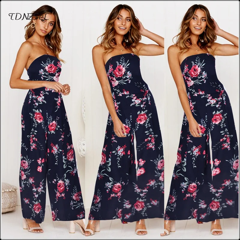 Women Strapless Print Wide Leg Flare Jumpsuit Casual Backless Bandage High Waist Loose Romper Summer Sleeveless Overall Bodysuit