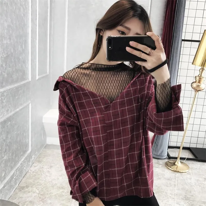 2019 Fashion Women Patchwork Tops Ladies Long Sleeve Net Shirts Casual  Off Shoulder Plaid Blouse
