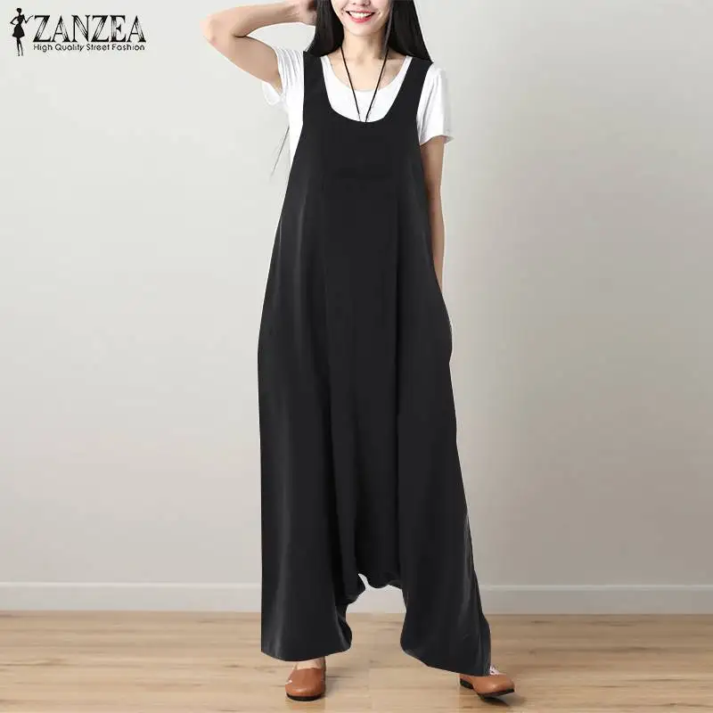 

S 5XL ZANZEA Vintage Drop-Crotch Pants 2019 Women Casual Solid Strappy Cotton Linen Loose Harem Overalls Long Jumpsuits Rompers