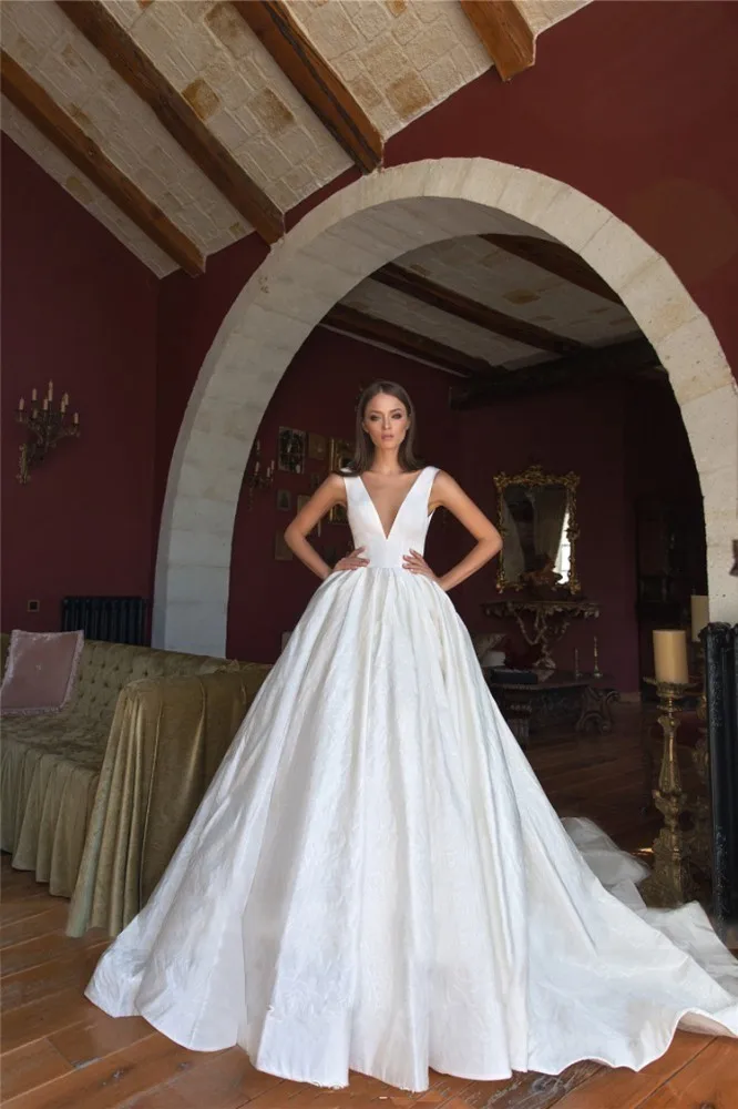 Vivian's bridal, Ретро стиль, атласное лицо, большой размер, бант, Свадебное бальное платье, сексуальное, глубокий v-образный вырез, иллюзионная сетка, свадебное светоотражающее платье