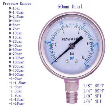 

1/8" 1/4" BSPT/NPT 60mm Dial -1 To 600 Bar Pressure Gauge 304 Stainless Steel Bar PSI N2 Steam Brewing Pneumatic