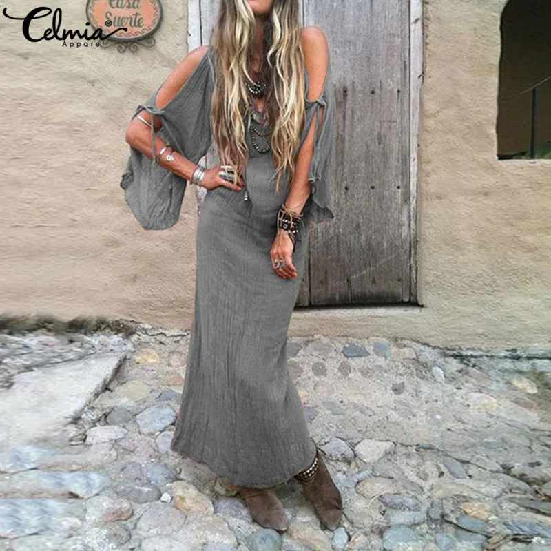 

S-5XL Celmia Women Dress 2019 Summer Maxi Long Sundress Sexy Off Shoulder Casual Loose Beach Vestidos Party Robe Plus Size