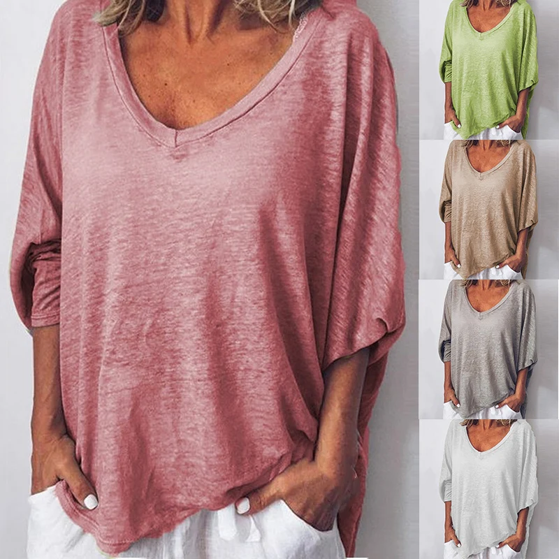 Женская футболка с круглым вырезом, летние футболки размера плюс, вечерние топы, одноцветные женские футболки с рукавами летучая мышь