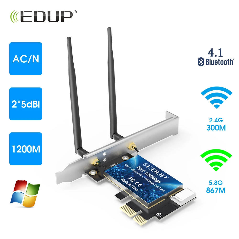 EDUP 1200 Мбит/с Двухдиапазонная PCI-E сетевая карта 802.11ac Bluetooth 4,1 PCI-E 1X Беспроводная настольная wifi WLAN карта