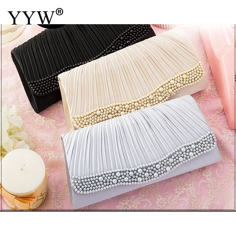 

2019 Silver Grey Handbag Elegant Clutch Women Beads Evening Bag Bridal Wedding Clutch Bags Polyester Shoulder Luxury Femininos