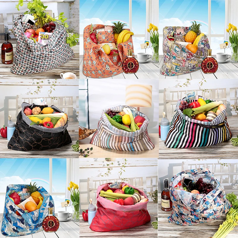 Reusable Shopping Bag Foldable Polyester Large Recycle Vegetable and Fruit Bags Grocery Tote Bag Handbag