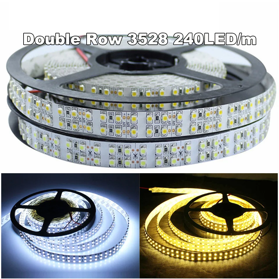 Светодиодная лента 12V 240 led/M 3528 двухрядная 5M 1200leds Гибкие Огни Лента теплая/белая IP67