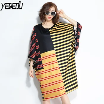 

#1622 Summer 2018 Striped Hit Color Split Joint Tide Tee Women Long Batwing Sleeve Harajuku T-shirt Women Streetwear Big size