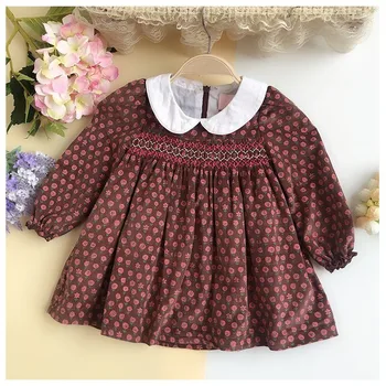 

spring girl smocked dress long sleeve flower corduroy kids dresses for girl frock fashion party toddler baby girl clothes