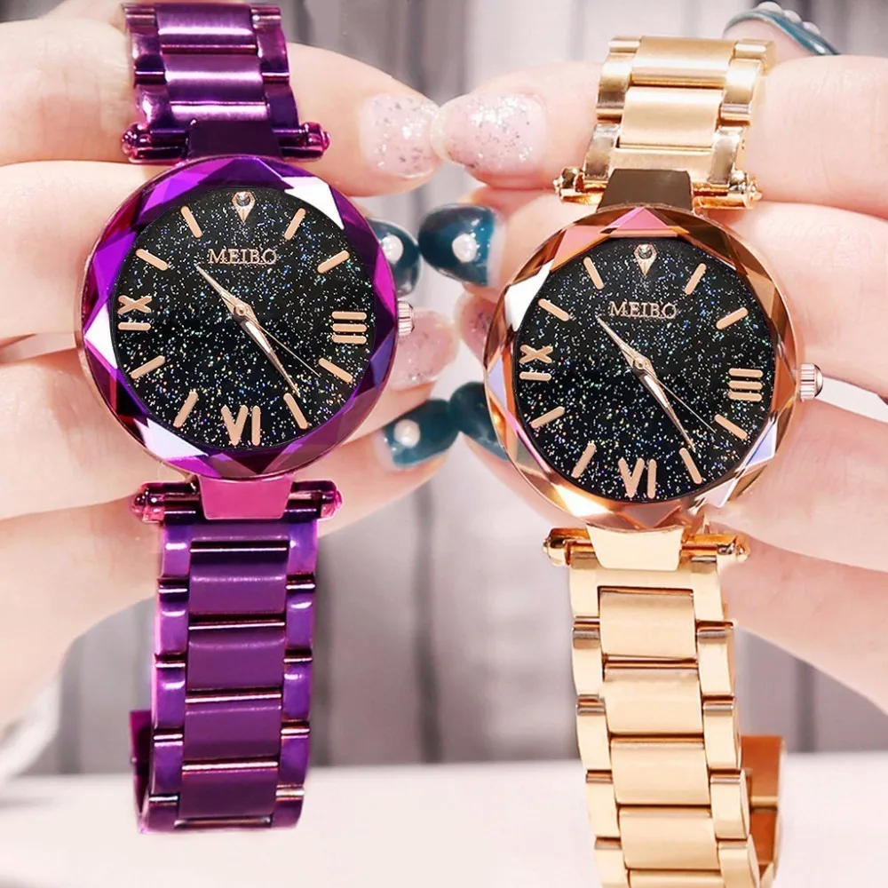 

MEIBO Brand Women Stainless Steel Starry Sky Roma Watch Luxury Ladies Geometric Surface Quartz Watch Relogio Feminino