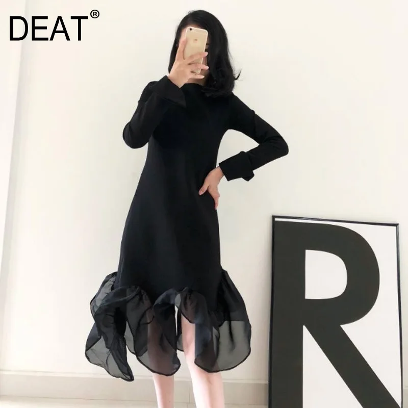 

DEAT 2019 Spring New Pattern Dress Solid Color Round Neck Irregular organza patchwork pullover loose dress female vacation WD916