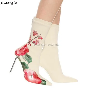 

SHOOEGLE Fashion Runway Stage Floral Prints Boots Women Stretch Fabric Shoes Embroidered Flower Knitted Booties Column Heels
