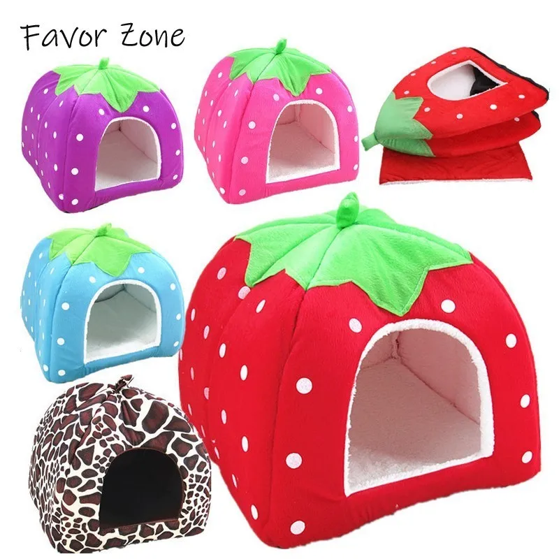 

Hot Sale Strawberry Pet Dog Cat House Tent Kennel Foldable Dogs Bed Cotton Fleece Winter Heated Mat Cats House Beds Pet Supplies