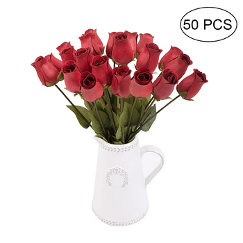

50pcs Rose Artificial Flowers Vase Simulation Wedding Home Bedroom Decoration (Red)