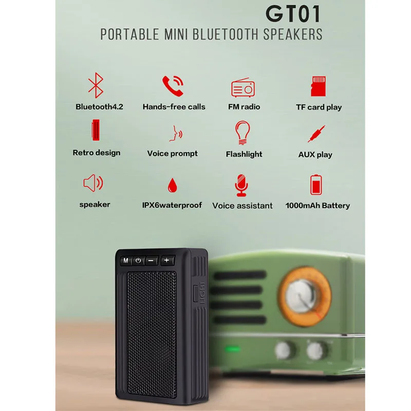 Портативный Ipx6 Водонепроницаемый Bluetooth динамик Gt01 для пожилых людей радио