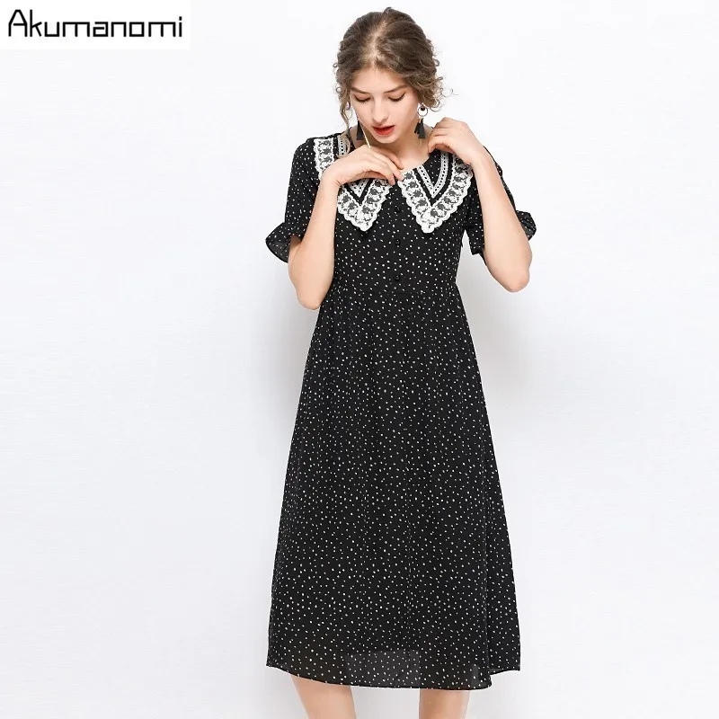 

Summer Dress Women 2019 New Peter Pan Collar Short Sleeve Solid Black Chiffon Dot Loose Big Size Dress Women Fashion Tide Female