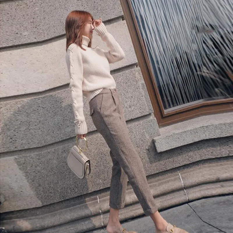 

Autumn winter women's suit fashion retro Solid color cropped trousers with turtleneck Sleeve lacing sweater two sets casual Suit