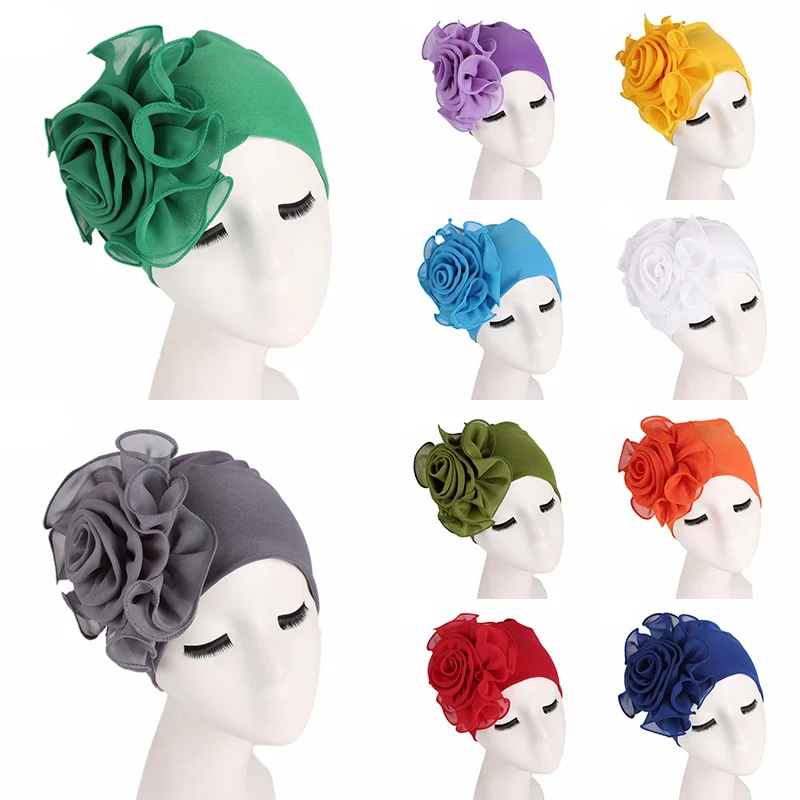 1PC Wedding mujer Stretchy Hair Loss Cap African Turban Turbantes Hijab Beanies with Big Flower Women Boho Party Head Wrap |
