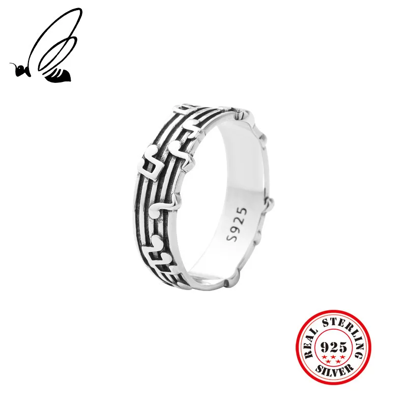 

Real 925 Sterling Silver Musical Notation Rings Vintage Five Line Twine Texture Temperament Rings For Women Retro Jewelry Gift